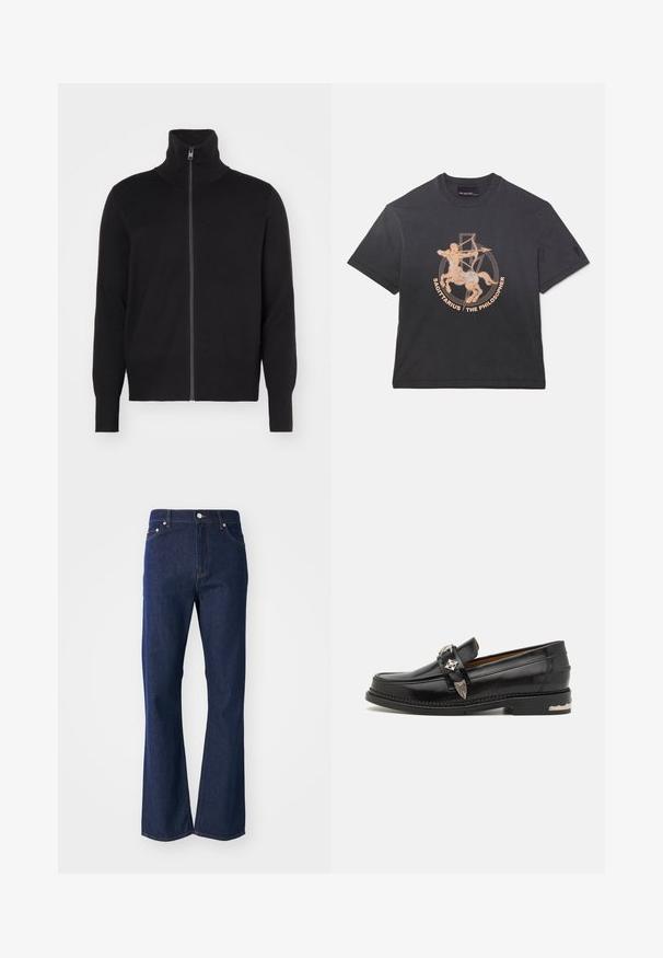 sandro TRUCKER CARDIGAN - Ζακέτα - noir; Neil Barrett DROPPED SHOULDER ROCK BAND ZODIAC SAGITTARIUS - Μπλουζάκι με στάμπα - black; Μπλε τζιν παντελόνι με φαρδιά γραμμή, φτιαγμένο από τζιν ύφασμα. Διαθέτει πέντε τσέπες, μπροστινό φερμουάρ και μεταλλικό κλείσιμο με κουμπί. Κλασικές ραφές για επιπλέον λεπτομέρεια.; Μαύρο δερμάτινο λωτέρ με ασημί διακοσμητικά, μποτάκι σε στυλ μοκασίνι, λεπτομερή ραφή και ψηλή φτέρνα.