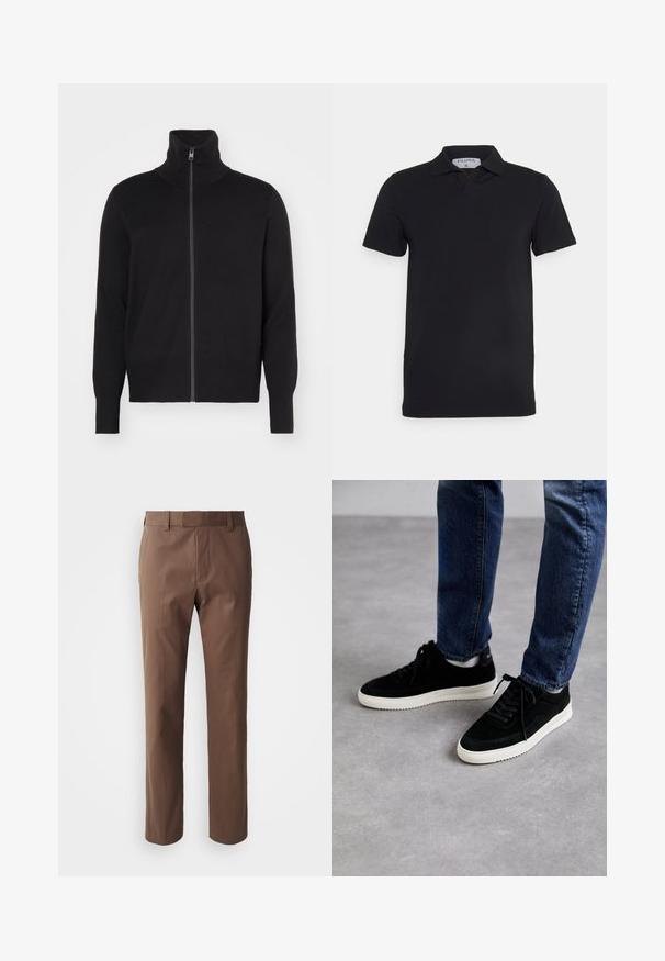 sandro TRUCKER CARDIGAN - Kardigan - noir; Mustal lühikeste varrukatega polo särk klassikalise kraega, valmistatud siledast kangast. Kaeluses on sildi näol brändinimi 'Filippa K'.; Pruunid püksid, mis on kohandatud lõikega, tasase esipinnaga ja kahe küljetaskuga. Valmistatud siledast kangast, mille viimistlus on puhas ja ilma nähtavate mustriteta.; Mustast nahast tennisetossud valge kummiseguga tallaga, klassikalise madala disainiga, ümarate varvastega ja lame mustade paeltega.