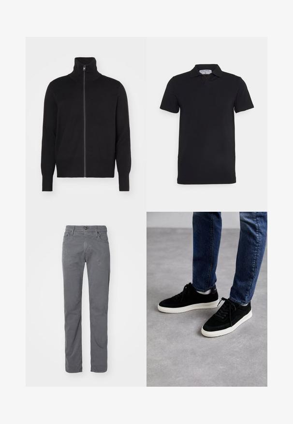 sandro TRUCKER CARDIGAN - Cardigan - noir; Sort kortærmet polo-shirt med klassisk krave, lavet af glat stof. Har et mærke med brandnavnet 'Filippa K' ved halsudskæringen.; Grå bomuldsbukser med lige ben, fem lommer, bæltestropper og knaplukning. Glat tekstur med minimale synlige folder.; Sorte ruskind sneakers med en hvid gummisål, der har et klassisk low-top design, rundt tå og flade sorte snørebånd.