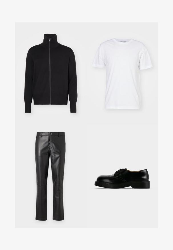 sandro TRUCKER CARDIGAN - Gilet - noir; T-shirt en coton blanc avec un col rond, des manches courtes et une coupe droite. Sans motifs ni embellissements, texture lisse et design sobre.; Pantalon en cuir noir avec une texture lisse, design à jambes droites et couture subtile le long des coutures. Présente une fermeture à bouton à la taille.; Chaussure de ville noire en cuir poli à lacets, avec une semelle épaisse, un bout arrondi et un petit talon, montrée de profil sur un fond uni.