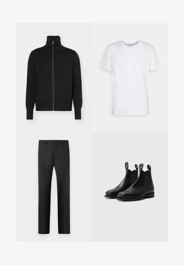 sandro TRUCKER CARDIGAN - Vest - noir; Witte t-shirt met korte mouwen, gemaakt van katoen. Heeft een ronde halslijn en een comfortabele pasvorm zonder zichtbare patronen of accessoires.; Zwarte, op maat gemaakte broek met riemlussen en een voorplooi, afgebeeld tegen een lichtgrijze achtergrond.; Zwarte leren chelsea boots met elastische zijpanelen, contrasterende stiksels en bevestigtabs met het merkembleem. Platte rubberen zolen.