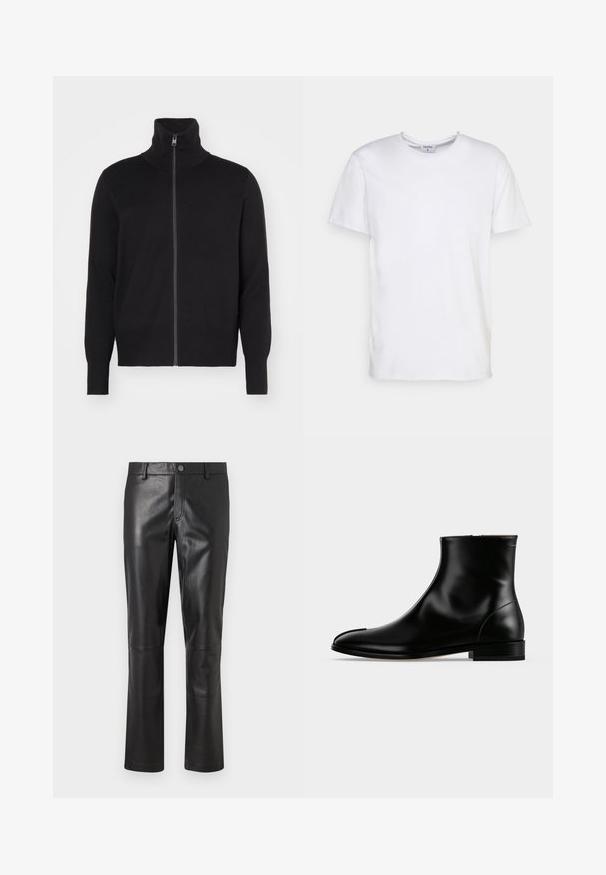 sandro TRUCKER CARDIGAN - Strickjacke - noir; Weißes T-Shirt mit kurzen Ärmeln aus Baumwolle. Es hat einen runden Halsausschnitt und eine lockere Passform ohne sichtbare Muster oder Akzente.; Schwarze Lederhosen mit glatter Textur, geradem Schnitt und dezenten Nähten an den Säumen. Mit einem Knopfverschluss in der Taille.; Schwarzer, polierter Lederknöchelstiefel mit niedrigem Absatz und seitlichem Reißverschluss, schlankes und glattes Design auf einem schlichten hellen Hintergrund.
