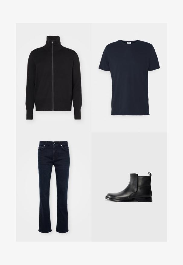 sandro TRUCKER CARDIGAN - Cardigan - noir; Marineblå bomulds t-shirt med rund hals og korte ærmer, med en glat tekstur og enkel design, uden synlige mønstre eller accenter.; Mørkeblå, flagrende jeans lavet af denim, med en frontlukning med knap, fem lommer og rene linjer med diskrete syninger.; Sort læder ankelstøvle med rund tå, elastiske sidepaneler og en tekstureret bagside. Har en flad gummisål og strop til at trække i.