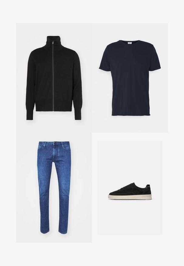 sandro TRUCKER CARDIGAN - Kardigan - noir; Tumed sinine puuvillane T-särk, millel on ümar kaelus ja lühikesed varrukad, sile tekstuur ja lihtne disain, ilma nähtavate mustrite või aksessuaarideta.; Sinine denim materjalist sirgete lõigetega teksapüksid, nööbiga kinnitamine, viis taskut ja kontrastne tikand. Kanga toon on keskmine pesu, kus on kerge pleekimine.; Mustast seemisest madala lõuaga toss, mustade paelte ja valge kummist tallaga, külgvaade ühevärvilisel heledal hallil taustal.