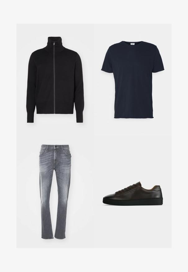 sandro TRUCKER CARDIGAN - Kardigán - noir; Námornícky modré bavlnené tričko s okrúhlym výstrihom a krátkymi rukávmi, s hladkou textúrou a jednoduchým dizajnom, bez viditeľných vzorov alebo akcentov.; Sivé denimové džínsy so rovný strihom, s vyblednutou textúrou, piatimi vreckami a pútkami na opasok. Šitý lem a klasické zapínanie na gombík.; Nízky profil tmavohnedých kožených tenisiek s čiernou gumovou podrážkou, šnurovanie vpredu a hladkým minimalistickým dizajnom na svetlom pozadí.