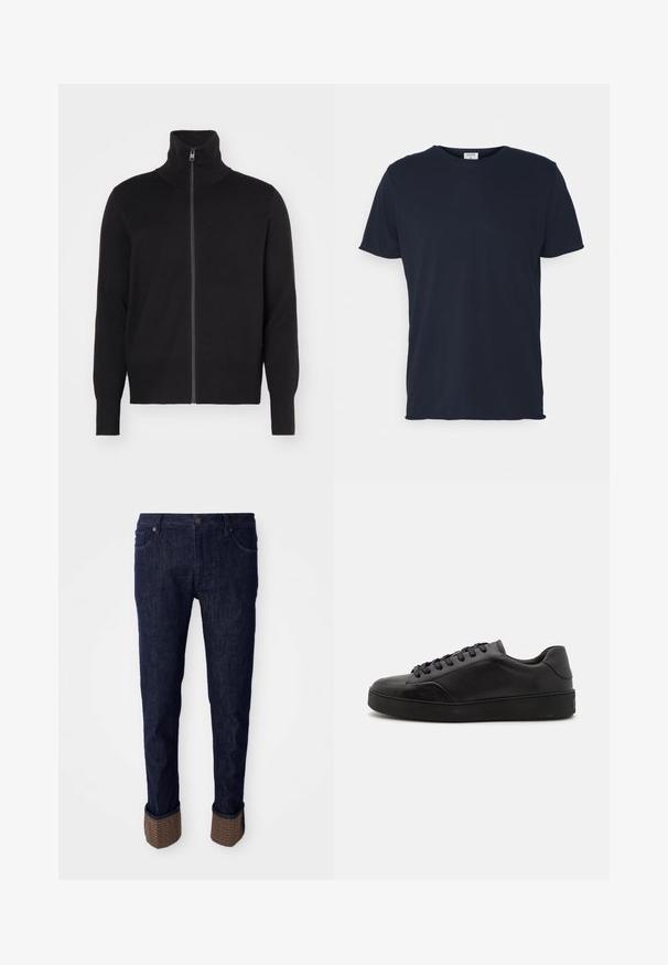 sandro TRUCKER CARDIGAN - Kardigán - noir; Námornícky modré bavlnené tričko s okrúhlym výstrihom a krátkymi rukávmi, s hladkou textúrou a jednoduchým dizajnom, bez viditeľných vzorov alebo akcentov.; Tmavomodré denimové nohavice so sviežim strihom, s rolovanými manžetami z textúrovaného hnedého materiálu s logom. Štandardný dizajn s piatimi vreckami.; Čierne kožené tenisky s okrúhlou špičkou, plochou podrážkou a tradičným šnurovaním. Majú hladkú textúru a decentné detaily na bočných paneloch.