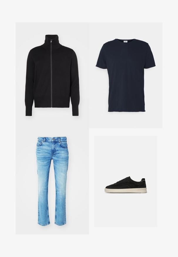 sandro TRUCKER CARDIGAN - Strickjacke - noir; Marineblaue Baumwoll-T-Shirt mit Rundhalsausschnitt und kurzen Ärmeln, mit einer glatten Oberfläche und einfachem Design, ohne sichtbare Muster oder Akzente.; Blaue Jeans aus Denim mit einem ausgewaschenen Look, geradem Bein und rohem Saum. Verfügt über einen Fünf-Taschen-Stil und Metallknopf-Details.; Schwarzer Wildleder-Low-Top-Sneaker mit schwarzen Schnürsenkeln und weißer Gummisohle, Seitenansicht auf schlichtem hellgrauem Hintergrund.