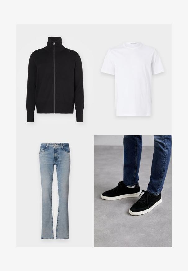 sandro TRUCKER CARDIGAN - Kardigan - noir; Valge puuvillane T-särk ümarate krae ja lühikeste varrukatega. Sile tekstuur, sirge lõige ja minimalistik disain ilma mustrite või aksessuaarideta.; Heledad sinine denim flared teksased keskmise kõrgusega talje, viie taskuga ja pleekinud viimistlusega, varustatud tõmbluku ning metallist nööbiga.; Mustast nahast tennisetossud valge kummiseguga tallaga, klassikalise madala disainiga, ümarate varvastega ja lame mustade paeltega.