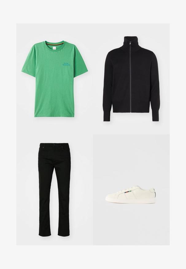 sandro TRUCKER CARDIGAN - Gilet - noir; T-shirt en coton vert avec un col rond, des manches courtes et un petit texte bleu sur le côté gauche de la poitrine. Texture lisse.; Jean en denim noir avec une coupe droite, style à cinq poches et fermeture à bouton. Texture lisse avec des détails de couture subtils.; Baskets beige clair à texture lisse, design à lacets et accent rayé coloré sur le côté. Semelle en caoutchouc blanche. Arrière uni.