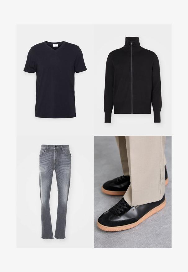 sandro TRUCKER CARDIGAN - Kardigán - noir; Čierne tričko s výstrihom do V vyrobené z bavlny, s krátkymi rukávmi a voľným strihom. Jednoduchý dizajn, bez vzorov alebo ďalších akcentov.; Sivé denimové džínsy so rovný strihom, s vyblednutou textúrou, piatimi vreckami a pútkami na opasok. Šitý lem a klasické zapínanie na gombík.; Paul Smith COMO - Tenisky - black