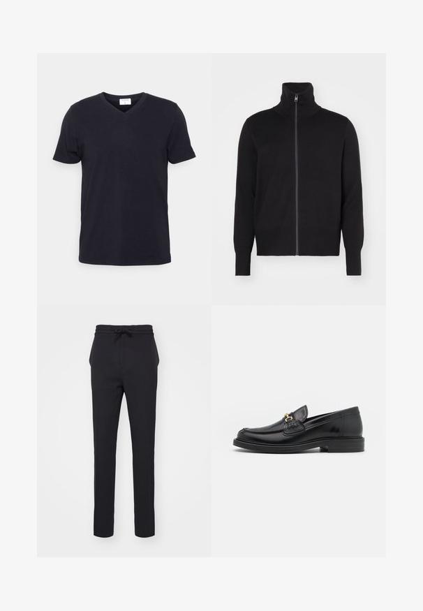 sandro TRUCKER CARDIGAN - Kardigan - noir; Musthave musterniga musterniga lühikeste varrukatega vöötkesega must puuvillane t-särk, millel on vabam lõige. Lihtne disain, ilma mustrite või lisakaunistusteta.; Mustad, kitsad püksid, mis on valmistatud pehmest kangast. Omavad stringsit, mille saab reguleerida, ja külgtaskuid, millel on sile tekstuur.; Mustad nahast loafers ümarate varvastega, millel on kuldne riistvaraline aksessuaar ja tikandite detail, paigutatud madalale, tekstureeritud kummist tallale.