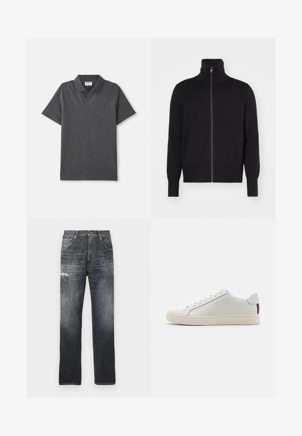 sandro TRUCKER CARDIGAN - Gilet - noir; Polo shirt gris charbon à manches courtes avec col et sans boutons visibles, posé à plat sur un fond blanc.; Jean en denim gris foncé décoloré avec un léger effet usé sur le haut des cuisses et un design classique à cinq poches.; Baskets en cuir blanc avec une texture lisse, bout rond, semelle plate et lacets ton sur ton. Présente un accent rayé coloré sur le talon.