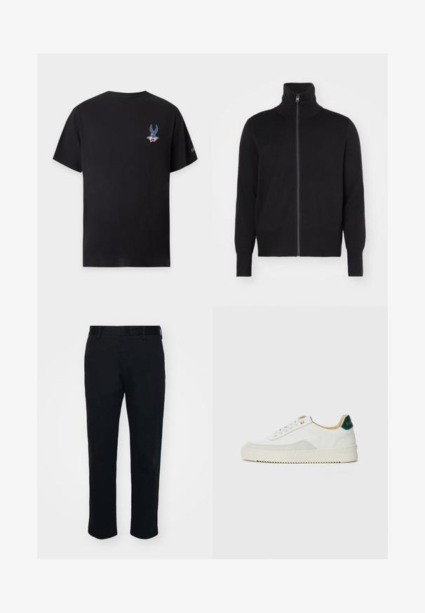 sandro TRUCKER CARDIGAN - Gilet - noir; T-shirt noir à manches courtes avec un petit motif coloré du visage de Bugs Bunny sur la poitrine gauche et un petit logo sur la manche droite.; Pantalons noirs avec un design à jambe droite, fabriqués à partir d'un tissu lisse. Présentent une taille et des passants de ceinture, sans poches visibles ni motifs.; Baskets blanches avec des accents en daim, bout arrondi, lacets plats et semelle en caoutchouc crème. Présente une marque verte sur le talon.