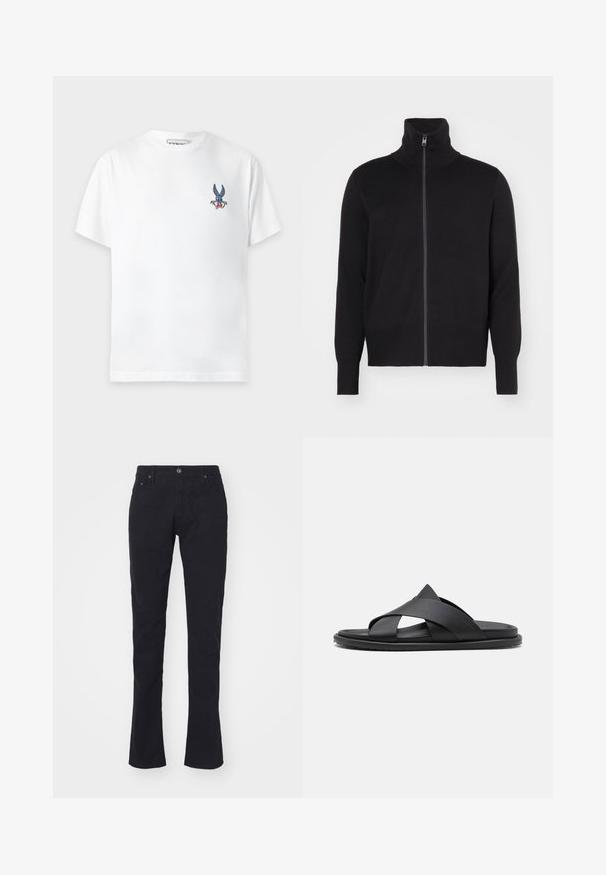 sandro TRUCKER CARDIGAN - Ζακέτα - noir; Λευκό T-shirt με κοντά μανίκια, με μικρό πολύχρωμο γραφικό με το πρόσωπο του Bugs Bunny στο αριστερό στήθος και στρογγυλή λαιμόκοψη.; Μαύρο βαμβακερό παντελόνι με ίσια γραμμή, διαθέτει κλείσιμο με κουμπί, δύο μπροστινές τσέπες και λείο υφή. Χωρίς σχέδια ή αξεσουάρ.; Stuart Weitzman BERKLEY - Μιουλ - black