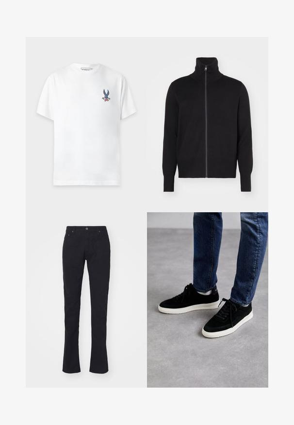 sandro TRUCKER CARDIGAN - Gilet - noir; T-shirt blanc à manches courtes avec un petit dessin coloré du visage de Bugs Bunny sur le côté gauche de la poitrine et un col rond.; Pantalon noir en coton à coupe droite, avec fermeture à bouton, deux poches avant et une texture lisse. Sans motifs ni accents.; Des baskets en suède noir avec une semelle en caoutchouc blanc, présentant un design classique à talon bas, un bout rond et des lacets plats noirs.