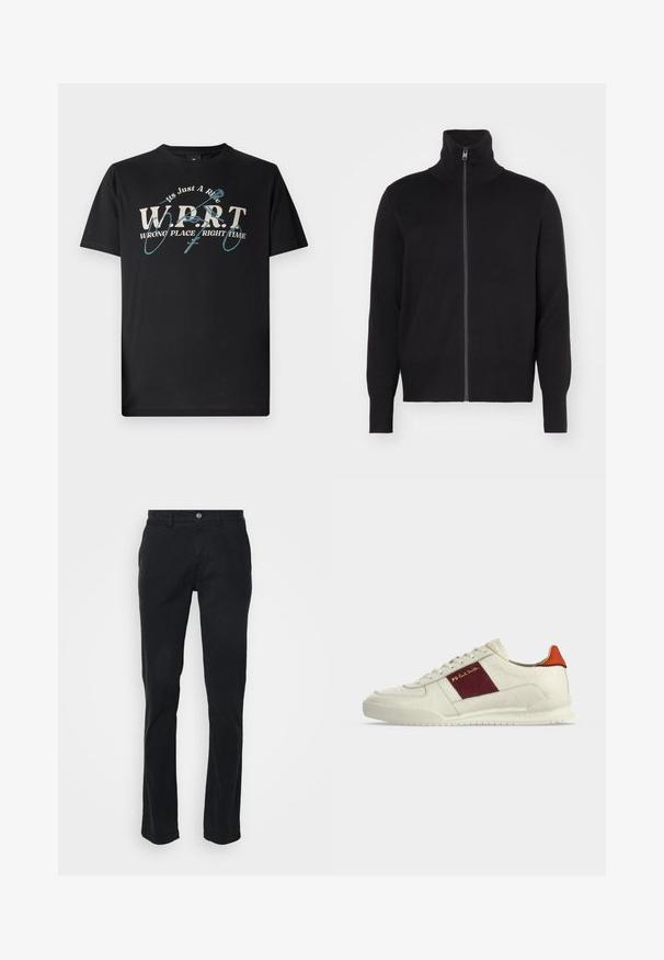 sandro TRUCKER CARDIGAN - Kardigan - noir; Must musta T-särk mustast puuvillast, millel on valge ja türkiissinine graafiline tekst "W.P.R.T. VALER KOHAS ÕIGEL AEGA": ümmargune kaelus ja lühikesed varrukad.; Mustad puuvillased püksid sirge lõikega, millel on ees nuppude sulgemine ja vöödeped. Sile pind, minimaalne õmbluste detail.; Valge madala säärega vabaajajalats burgundiapoolses paneelis, kullakirjaga "PS Paul Smith", oranži kandimissilmuse ja tekstuurse taldadega tavalise taustal.
