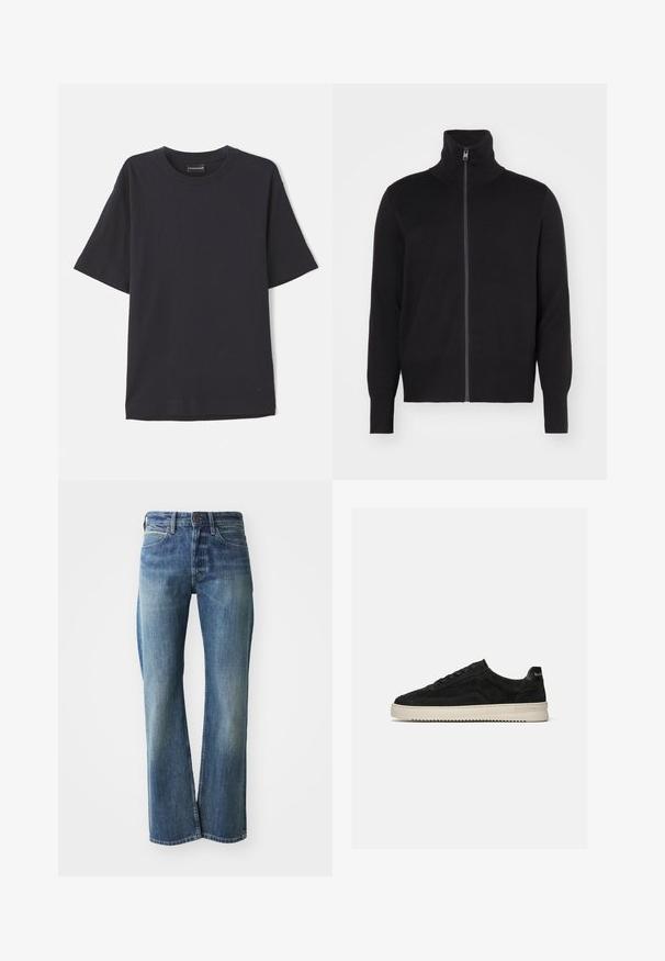 sandro TRUCKER CARDIGAN - Vest - noir; Navy blauwe ribbel korte mouwen t-shirt met ronde hals, voorzien van een subtiel logo op de rechter benedenkant. Zachte textuur, ontspannen pasvorm.; Denim jeans in een licht tot gemiddeld blauwe kleur, met een recht gesneden pijp, klassiek vijf-pocket ontwerp en subtiele vervaging aan de voorkant.; Zwarte suède lage sneaker met zwarte veters en witte rubberen zool, zijaanzicht op een effen lichtgrijze achtergrond.
