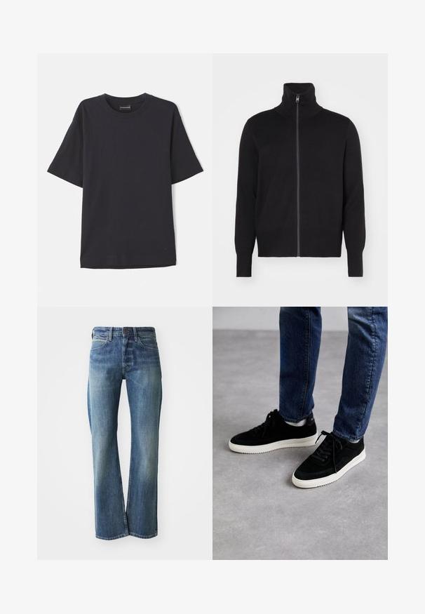 sandro TRUCKER CARDIGAN - Vest - noir; Navy blauwe ribbel korte mouwen t-shirt met ronde hals, voorzien van een subtiel logo op de rechter benedenkant. Zachte textuur, ontspannen pasvorm.; Denim jeans in een licht tot gemiddeld blauwe kleur, met een recht gesneden pijp, klassiek vijf-pocket ontwerp en subtiele vervaging aan de voorkant.; Zwarte suede sneakers met een witte rubberen zool, met een klassiek low-top ontwerp, een ronde neus en flat zwarte veters.