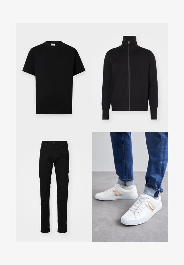 sandro TRUCKER CARDIGAN - Kardigán - noir; Čierne bavlnené tričko s okrúhlym výstrihom, krátkymi rukávmi a rovnom strihom. Bez viditeľných vzorov alebo kovových detailov.; Čierne džínsy v slim strihu, so classic piatimi vreckami, kovovým gombíkom a prešívaním na vreckách.; Biele kožené tenisky s viacfarebnými prúžkami, šnurovací dizajn, gumená podrážka a polstrovaný golier, skombinované s modrými džínami.
