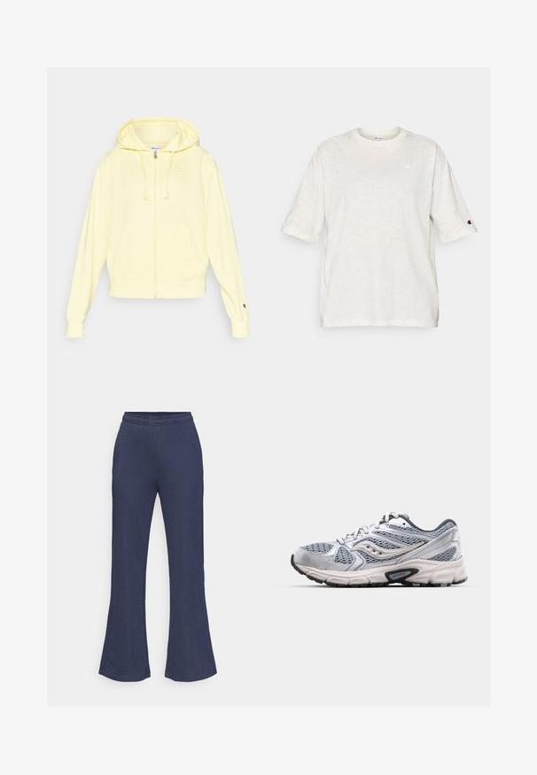 Sweat à capuche jaune zippé en tissu doux, doté d'une capuche, d'une poche kangourou et d'un logo sur la poitrine et la manche. Poignets et ourlet côtelés.; T-shirt gris clair à manches courtes en tissu doux avec un col rond. Présente un petit logo sur la poitrine et une manche.; Pantalon évasé bleu marine en tissu doux, doté d'une ceinture élastique et d'une texture lisse, avec une finition d'ourlet soignée.; Bottine de course argentée avec tige en mesh, semelle rembourrée et accents gris. Dotée d'un bout arrondi et d'un design à lacets. Logo de la marque visible.