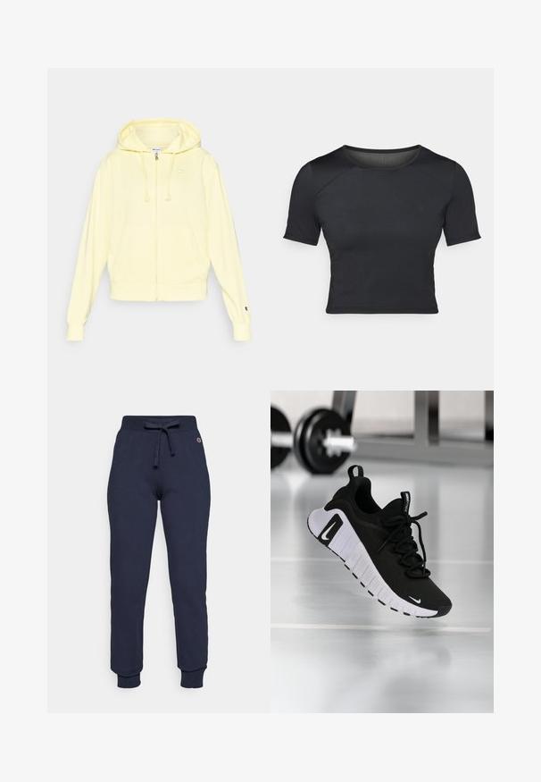 Sudadera con capucha amarilla con cremallera, hecha de tela suave, con capucha, bolsillo tipo canguro y logotipos en el pecho y la manga. Puños y borde acanalados.; Top corto negro de manga corta, hecho de una tela suave y elástica, con escote redondo y sutiles detalles de costura en los hombros.; Pantalones de chándal azul marino hechos de una mezcla de algodón, con una cintura ajustable con cordón, puños acanalados y un pequeño logo en la cadera.; Zapatilla deportiva negra con parte superior de tela texturizada, suela blanca y sistema de cordones prominente. Presenta un logo de Nike y un diseño suave y acolchado.