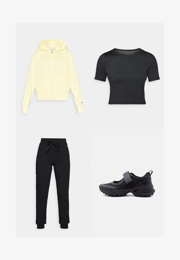 Kollane lukuga dressipluus pehmest kangast, millel on kapuuts, kängurutasku ning logo rinnal ja varrukal. Soonilised varrukaotsad ja ääred.; Must värviline lühikeste varrukatega crop top, mis on valmistatud siledast ja venivast kangast, ümmarguse kaelusega ja õlgadel peente õmblusdetailidega.; Mustad mustakesed paelaga vöökohal, ribatud randmete ja vaevu märgatava logoplaadiga puusal. Valmistatud pehmest ja venivast materjalist.; Must jooksjalanõuanik karmide tallaplaatide, reguleeritava rihmaga üle pealepoolse osa ja kandmisel tõmbenurgaga, külgvaates valgel taustal.