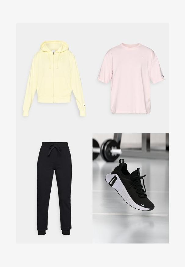 Sudadera con capucha amarilla con cremallera, hecha de tela suave, con capucha, bolsillo tipo canguro y logotipos en el pecho y la manga. Puños y borde acanalados.; Camiseta de algodón rosa claro con mangas cortas. Presenta un logo sutil en el pecho y un detalle de logo contrastante en la manga.; Pantalones de chándal negros con cintura ajustable, puños acanalados y un discreto parche con logotipo en la cadera. Hechos de un material suave y elástico.; Zapatilla deportiva negra con parte superior de tela texturizada, suela blanca y sistema de cordones prominente. Presenta un logo de Nike y un diseño suave y acolchado.