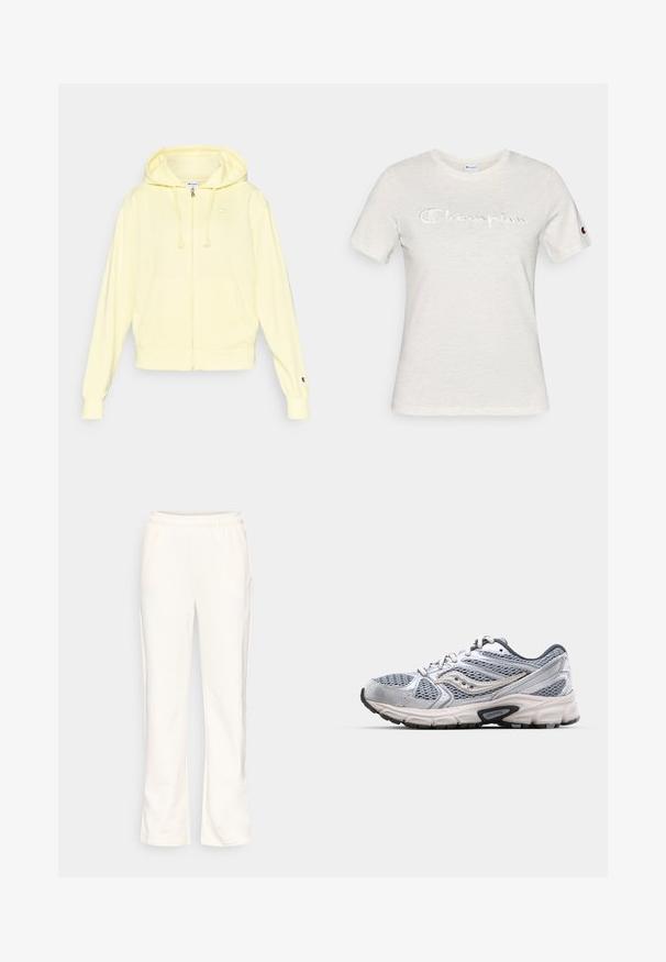 Sweat à capuche jaune zippé en tissu doux, doté d'une capuche, d'une poche kangourou et d'un logo sur la poitrine et la manche. Poignets et ourlet côtelés.; T-shirt en coton blanc avec manches courtes, col rond, et logo "Champion" brodé en texture contrastée sur le devant.; Pantalon de survêtement couleur crème avec une ceinture élastique, un design à jambes droites, une texture douce et des poches latérales. Pas de motifs ou d'accents visibles.; Bottine de course argentée avec tige en mesh, semelle rembourrée et accents gris. Dotée d'un bout arrondi et d'un design à lacets. Logo de la marque visible.