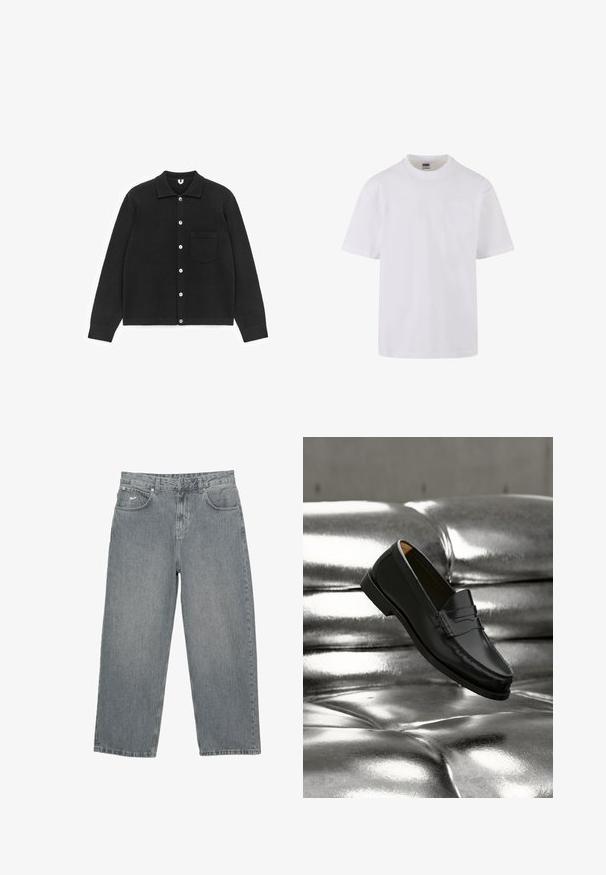 Cardigan noir boutonné en tissu doux. Il possède un col, des manches longues et une poche poitrine. Les boutons sont blancs. Texture lisse.; T-shirt blanc à manches courtes en coton, avec un col rond et une poche simple du côté gauche de la poitrine.; Pantalon en denim gris clair avec coupe droite, cinq poches et braguette à boutons. Présente un logo discret sur la ceinture avant.; Mocassin en cuir noir flottant au-dessus d'un canapé en cuir argenté brillant matelassé à boutons dans un décor minimaliste.