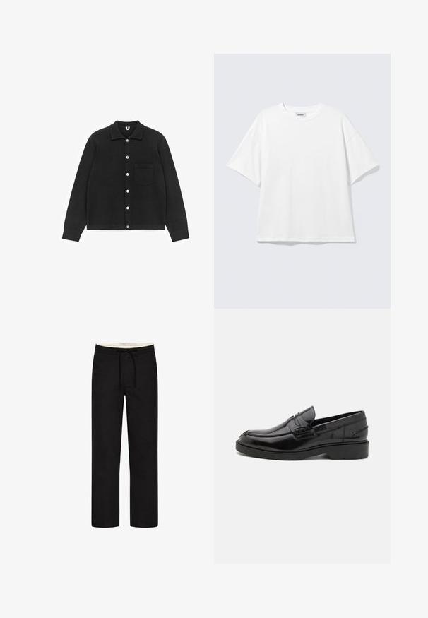 Cardigan noir boutonné en tissu doux. Il possède un col, des manches longues et une poche poitrine. Les boutons sont blancs. Texture lisse.; T-shirt blanc oversize à manches courtes, col rond, épaules tombantes, posé à plat sur fond gris clair.; Pantalons noirs à jambes droites avec une taille élastique, un cordon de serrage et un design discret. Texture de tissu douce. Pas de motifs ou d'accents visibles.; Mocassins en cuir noir avec une finition lisse, un bout rond, un petit talon et descoutures décoratives à l'avant. Semelle en caoutchouc pour l'adhérence.