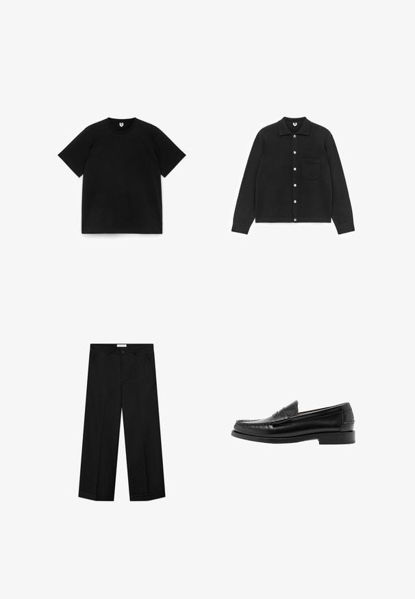 Cardigan noir boutonné en tissu doux. Il possède un col, des manches longues et une poche poitrine. Les boutons sont blancs. Texture lisse.; T-shirt noir en coton à manches courtes et col rond, posé à plat sur un fond blanc.; Pantalon noir à jambes larges en tissu lisse, doté de poches avant, d'une fermeture par bouton et d'un pli marqué sur chaque jambe.; Mocassin penny en cuir noir avec bout mocassin cousu, talon bas et finition lisse et polie, présenté de profil sur fond blanc.