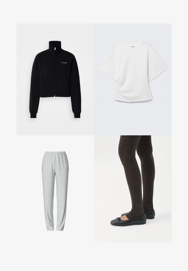 Sweat-shirt noir à fermeture éclair avec col montant, deux poches avant et poignets côtelés. Présente un petit logo blanc sur la poitrine. Texture douce.; T-shirt blanc oversize à manches courtes avec col rond présenté sur un fond gris clair.; Pantalon de survêtement gris avec une taille élastique, design de jambes fuselées, texture douce et sans motifs ni détails matériels visibles.; Jambes portant des leggings côtelés foncés associés à des ballerines noires avec de petits détails en nœud sur fond blanc.