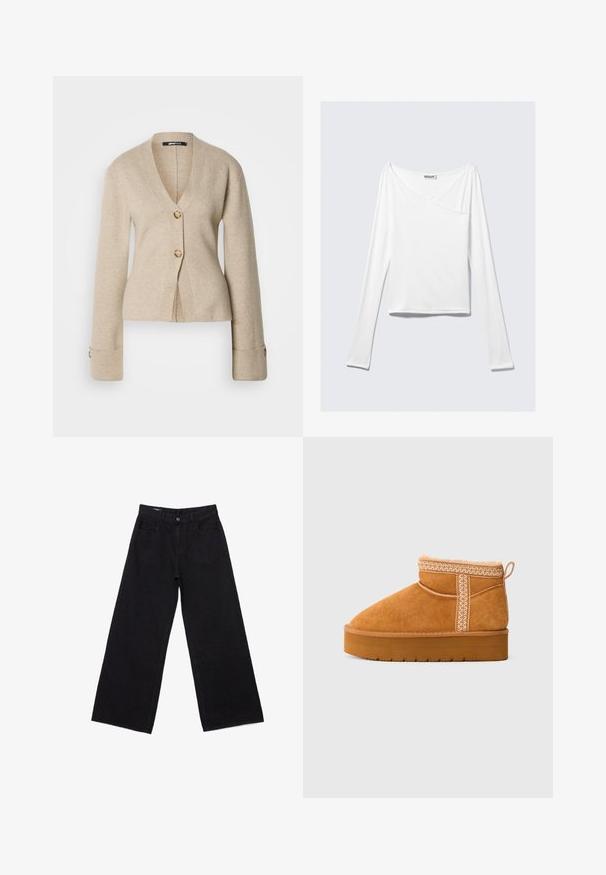 Cardigan beige en V avec des manches longues, deux boutons en écaille de tortue à l'avant et des poignets boutonnés, présenté sur fond blanc.; Haut blanc à manches longues avec un design croisé et une poche. Fabriqué dans un tissu lisse et extensible. Coupé dans une coupe décontractée et ample.; Jean noir à jambes larges en denim, doté d'une taille haute, d'un design à cinq poches et de détails de couture subtils partout.; Bottine en daim beige avec semelle en caoutchouc épaisse, coutures décoratives, tirette en boucle et doublure moelleuse visible au bord supérieur.