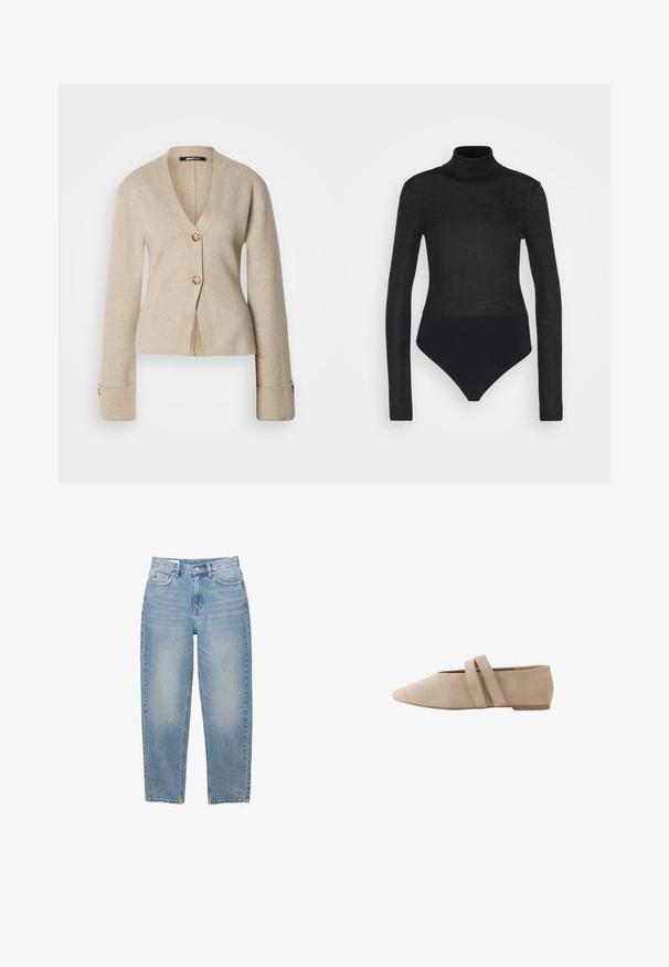 Beige V-hals cardigan med lange ærmer, to skildpaddefarvede knapper foran og knapmanchetter, præsenteret på hvid baggrund.; Anna Field Langærmet T-shirt - black; Lyseblå, lige cowboybukser med frontknap, lynlås og fem lommer, vist på en hvid baggrund.; Beige ruskind flad sko med spids tå og to overlappende remme over toppen, vist i sideprofil på hvid baggrund.