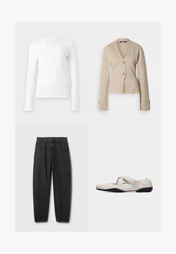 Cardigan beige en V avec des manches longues, deux boutons en écaille de tortue à l'avant et des poignets boutonnés, présenté sur fond blanc.; Chemise blanche à manches longues, col en V, ajustée, présentée à plat sur un fond blanc.; Jean en denim noir à coupe droite, avec cinq poches, une fermeture à bouton et un détail de couture minimal. Design et texture classiques.; Chaussure Mary Jane beige avec bride croisée, semelle noire et tige en tissu doux, conçue pour un confort décontracté et un port quotidien.