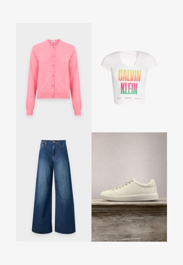 Lyserød cardigan lavet af blødt materiale, med rund hals, lange ærmer, knaplukning foran samt ribstrikkede manchetter og kant.; Hvid kortærmet cropped top med stor gradient "CALVIN KLEIN" tekst i gul, orange, pink og grøn på forsiden.; Jeans i mørkeblåt denim med høj talje, brede ben, fem lommer, bæltestropper og kobberknaplukning.; Hvide lave lædersneakers med snørebånd og flad gummisål, vist fra siden på en ensfarvet baggrund.