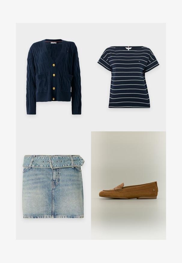 Cardigan de punto trenzado azul marino con escote en V, botones dorados y dos bolsillos frontales, con puños y dobladillo acanalados.; Camisa azul marino de manga corta con rayas horizontales blancas y un pequeño logo de Tommy Hilfiger en el pecho.; Minifalda de mezclilla con un lavado azul claro, que presenta una cintura con cinturón y hebilla de metal, cinco bolsillos y un ligero desvanecimiento para dar textura.; Mocasín de ante marrón para mujer con detalle de correa cosida y un pequeño logo metálico en el talón, mostrado sobre un fondo neutro.