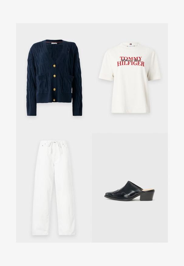 Cardigan en tricot torsadé bleu marine avec col en V, boutons dorés et deux poches avant, présentant des poignets et un ourlet côtelés.; T-shirt en coton blanc à manches courtes et col rond, présentant "TOMMY HILFIGER" en lettres rouges audacieuses. Design graphique remarquable.; Pantalons blancs à jambes larges en denim, dotés d'une taille à cordon et de deux poches avant, avec une texture lisse et un design épuré.; Mules en cuir verni noir avec un bout pointu, un design courbé et un petit talon bloc, ornés de piqûres décoratives sur le dessus.