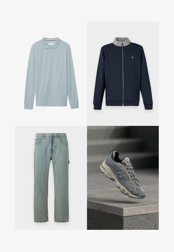 Marineblauwe jas met ritssluiting, geruite kraag, lange mouwen, zijzakken en een klein vierkant logo op de linkerborst.; Lange mouw polo shirt in lichtblauw met een vlakke kraag, een drieknoopssluiting en een subtiele textuur. Beschikt over een gestreepte binnenkraag.; Lichtblauwe, loszittende denim jeans met vijf zakken, een knoopsluiting en zichtbare stiksels. De stof heeft een vervaagde, gestructureerde uitstraling.; Grijze New Balance 1000 sneaker met crèmekleurige zool, veters en branding, zwevend boven een betonnen rand met wazige trappen op de achtergrond.