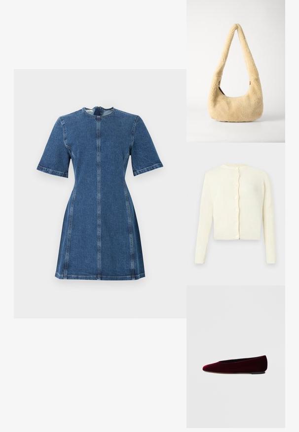 Cardigan tricoté de couleur crème avec manches longues, encolure ronde et six boutons sur le devant, présenté sur un fond uni.; Robe courte en denim bleu avec manches courtes, taille cintrée, et coutures visibles verticales et horizontales sur un fond uni.; Ballerines en velours bordeaux avec un bout arrondi et un talon bas, présentant une texture lisse et un design élégant.; Sac à épaule en shearling beige avec une poignée incurvée et une forme arrondie. La texture est douce et pelucheuse, avec des accents matériels minimaux.