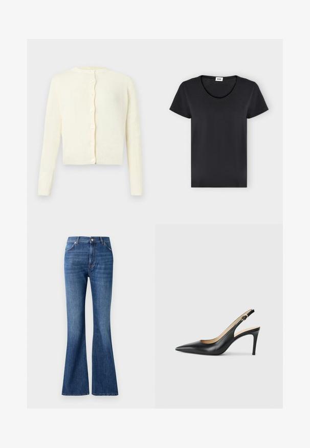 Cardigan tricoté de couleur crème avec manches longues, encolure ronde et six boutons sur le devant, présenté sur un fond uni.; T-shirt noir uni à manches courtes avec col rond et petite étiquette de marque blanche à l'intérieur du col.; Jeans évasés bleus en denim, dotés d'une taille haute, de cinq poches et d'un léger effet d'usure près des coutures.; Escarpins en cuir noir avec une pointe fine, une bride ajustable et un talon aiguille élégant, présentant une finition lisse.