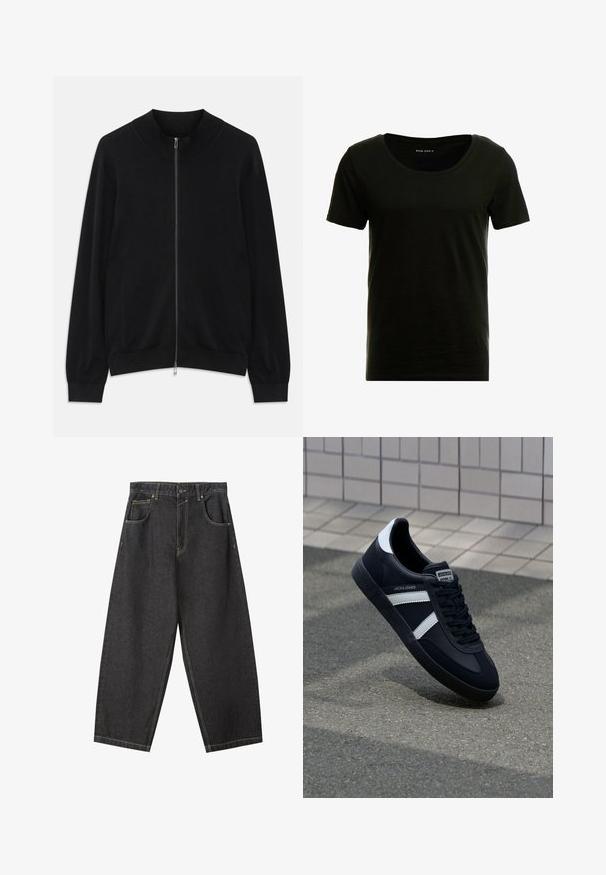 Sort langærmet zip-up cardigan med ribbet rund hals, manchetter og kant, vist mod en hvid baggrund.; Sort kortærmet T-shirt med rund halsudskæring, blød tekstur og en afslappet pasform. Fremstillet af let, åndbart materiale.; Sorte denim brede bukser med gule sømme, fem-lomme-design og en mid-rise talje. Struktureret stof med en glat overflade.; Sort lædersneaker med hvide striber, tekstureret gummisål og snørrebånd foran. Har et brandet mærke på tungen.