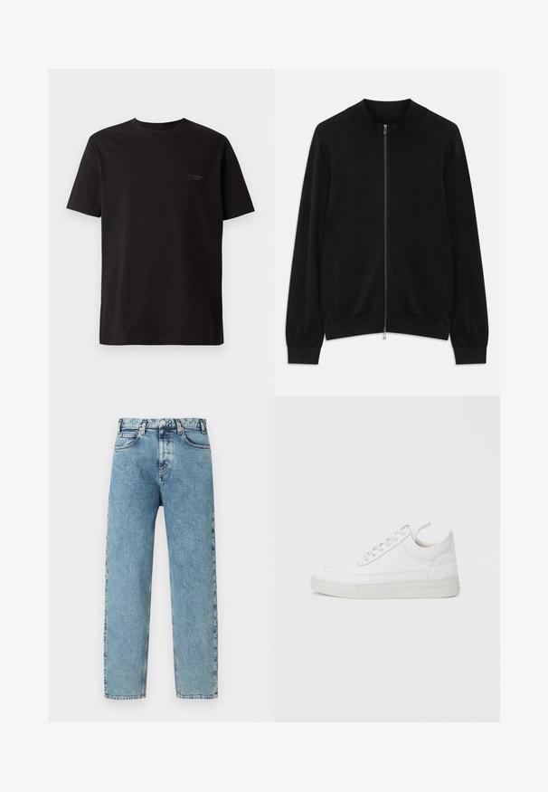Sort langærmet zip-up cardigan med ribbet rund hals, manchetter og kant, vist mod en hvid baggrund.; Sort kortærmet t-shirt lavet af bomuld. Har en rund halsudskæring og diskret branding på venstre brystområde. Glat tekstur.; Lyseblå denimjeans med lige ben, fem lommer og lukning med messingknap. Stoffet har et let tekstureret, falmet udseende.; Hvid lædersneaker med rundet tå, flad sål og snørebånd foran. Har syningsdetaljer og polstret krave for komfort.