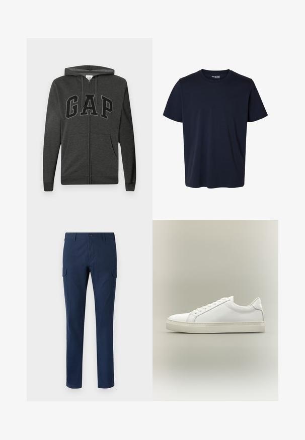 Mørkegrå zip-up hoodie med frontlommer, justerbar snorhætte og store sort omridset "GAP" bogstaver på tværs af brystet.; Simpel marineblå t-shirt med korte ærmer og rund halsudskæring med en lille trykt mærkelabel inde i kraven.; Marine cargo bukser lavet af bomuld, med sidelommer, knaplukning, lige ben og en glat tekstur.; Hvid lavtop sneaker med snørebånd foran og tyk sål, vist fra siden mod en neutral baggrund.