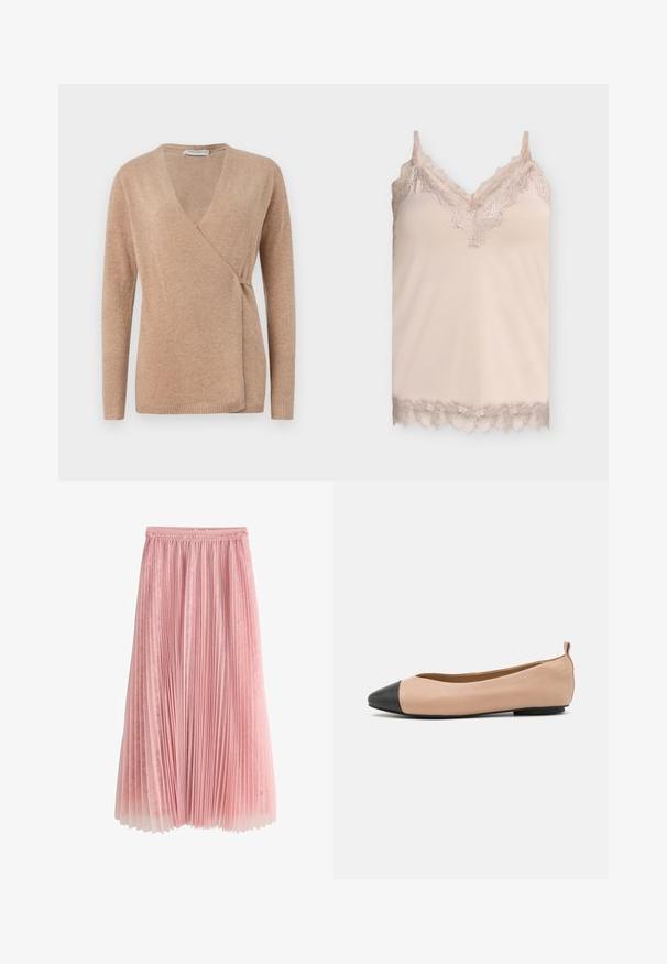 Beige indpakningsstrik med v-hals, lange ærmer og ribbede manchetter. Blød tekstur med en glat finish, prydet med en asymmetrisk front.; Beige silke camisole med blonder langs V-halsudskæring, stropper og kant på en ensartet lysegrå baggrund.; Rosa plisseret midi-nederdel med et lag af blonder under og en rynket talje, vist på en hvid baggrund.; Læderballetflade med en nude farve og sort tætsko. Har et minimalistisk design, glat tekstur og en lille bagløkke for nem påføring.