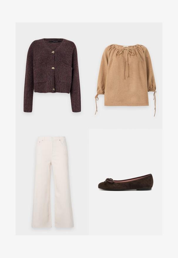 Vero Moda Knitted VMINGRID Knit - Kardigán - wine tasting; Hnedý, mäkký vrch z textilu s nariaseným výstrihom, šnúrkami na šnurovanie a nap puffovými rukávmi so šnúrkovými detailmi na manžetách. Voľný strih, minimalistický dizajn.; Široké, svetlobéžové denimové nohavice s vysokým pásom, piatimi vreckami a predným zapínaním na gombík. Hladká textúra, minimálne švy.; Pretty Ballerinas Balerínky - brown
