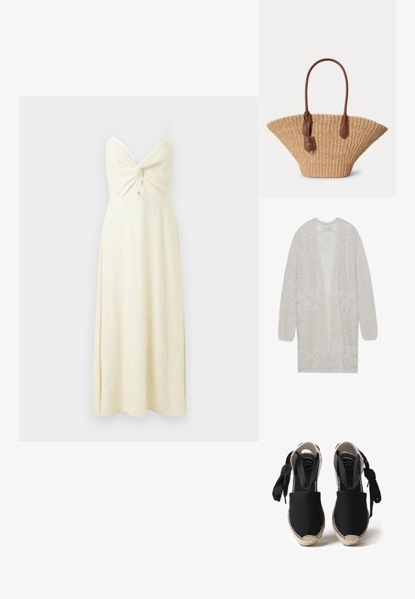 Åbenstrikket cardigan i lys beige. Har et tekstureret mønster med geometriske former, brede ærmer og en løs pasform.; Cremefarvet maxikjole uden ærmer med spaghettistropper, snoet frontdetalje og subtilt blondekant på en ensfarvet baggrund.; Sorte canvas espadriller med en sovesål og vævede kanter. Snører lavet af det samme sorte stof for justerbar pasform. Lukket tå-design.; Flettet stråtaske med bred blæserform og brune læderhåndtag og mærkat, sat mod en ensartet lys baggrund.