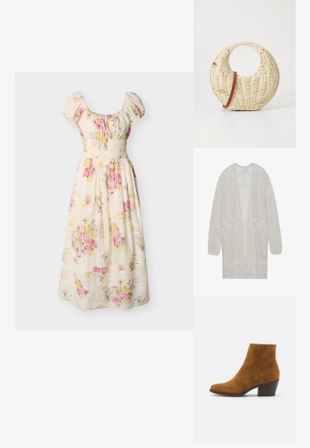 Åbenstrikket cardigan i lys beige. Har et tekstureret mønster med geometriske former, brede ærmer og en løs pasform.; Flødefarvet midikjole med pink og gul blomsterprint, pufærmer, rynket talje og bindedetalje ved rund halsudskæring.; Brune ruskind ankelstøvle med spids tå og stablet hæl. Glat tekstur med lynlås i siden til lukning. Klassisk design og form.; Rund flettet taske i naturligt strå med en tekstureret overflade. Har en glat brun læderrem og et cirkulært håndtag.