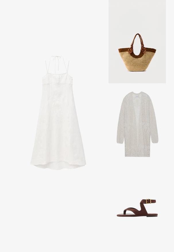 Cárdigan de punto abierto en beige claro. Presenta un patrón texturizado con formas geométricas, mangas anchas y un corte holgado.; Vestido blanco sin mangas con cuello halter, tirantes finos y un bajo ligeramente acampanado y asimétrico.; Sandalia de ante marrón con un diseño sin hebillas, correa en el tobillo con hebilla y suela plana. Punta abierta con una textura suave.; Bolso tote de paja tejido con base de color natural, acento marrón oscuro y asas de cuero marrón con detalles de nudos en los extremos.