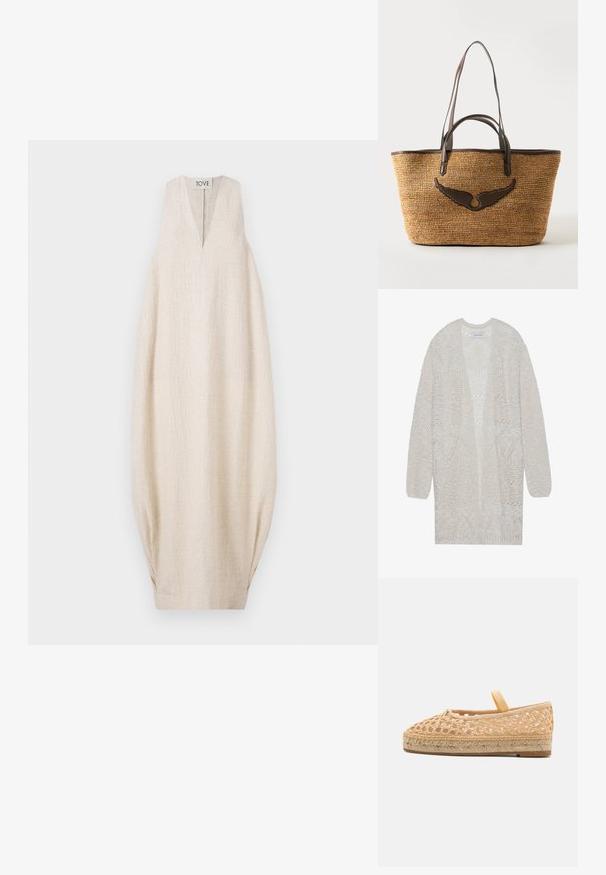 Luftige Strickjacke in hellbeige. Verfügt über ein strukturiertes Muster mit geometrischen Formen, weit geschnittenen Ärmeln und einem lässigen Schnitt.; Helles beige ärmelloses Kleid mit V-Ausschnitt, strukturiertem Stoff und oversized Silhouette, mit gerafften Details an den Seiten. Markenlabel oben.; Loeffler Randall KAYLA - Espadrille - natural; Geflochtene Strohtasche mit dunkelbraunen Lederhenkeln und einem flügelförmigen Lederakzent auf der Vorderseite.